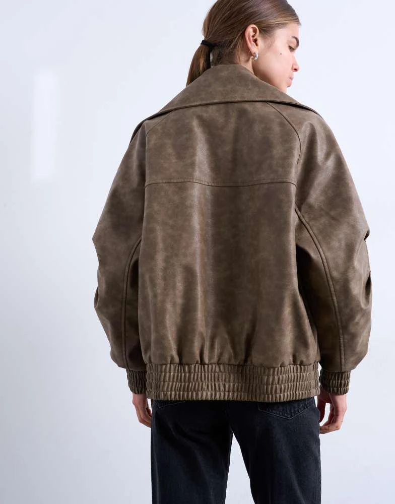 Topshop Topshop faux leather asymmetric oversized bomber with funnel neck in washed brown 4