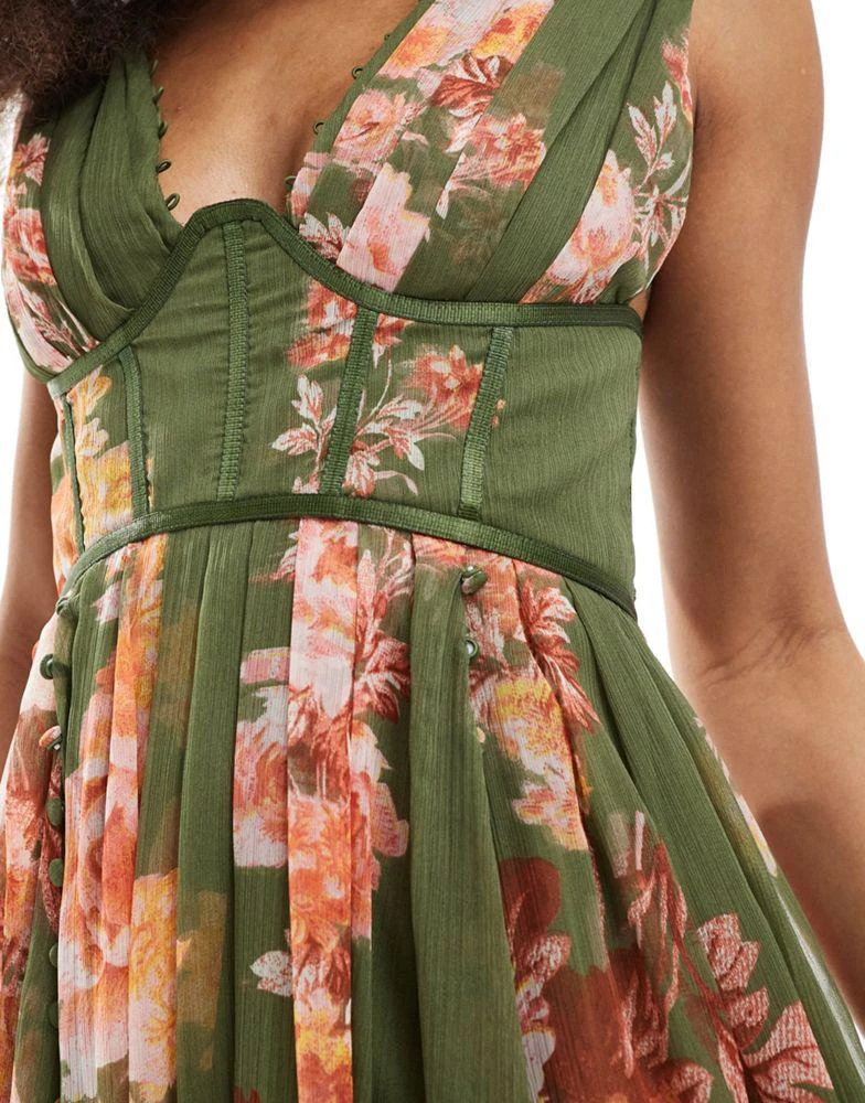 ASOS ASOS DESIGN corset plunge pleated midi dress with button detail in green floral print 2