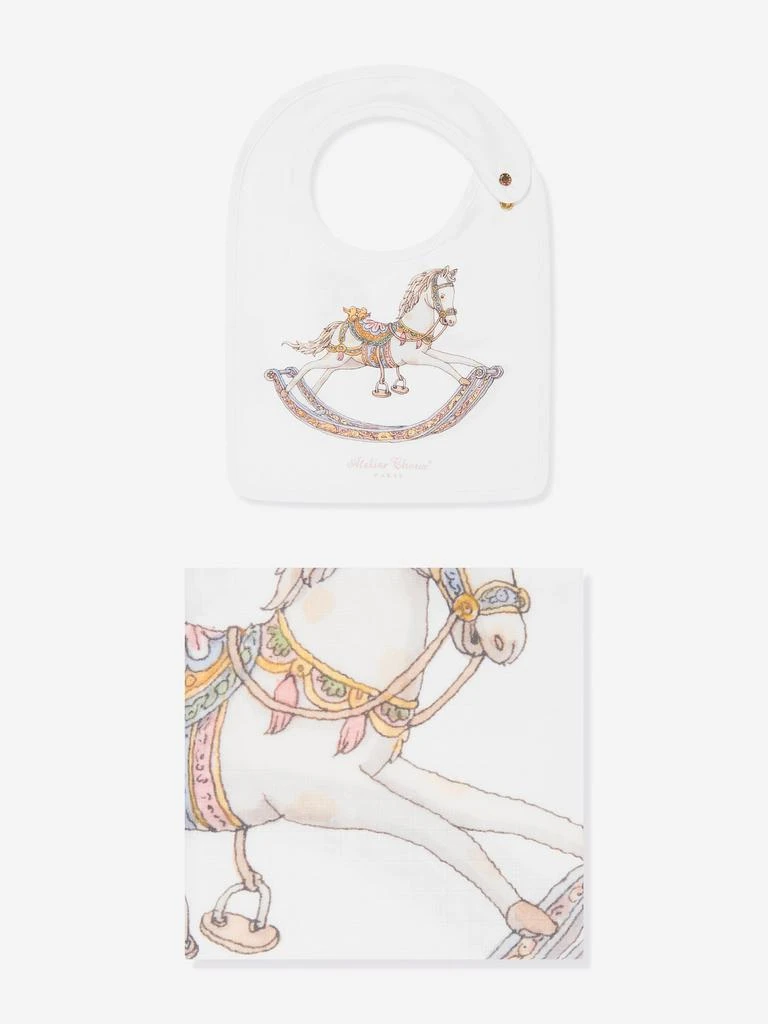 Atelier Choux Atelier Choux Baby Rocking Horse Swaddle And Satin Bib Gift Set in White