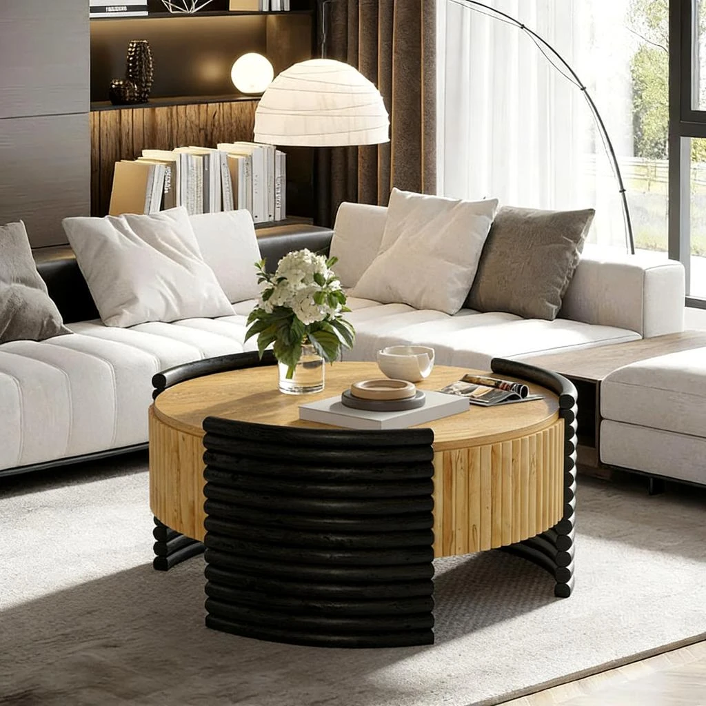 Streamdale Furniture Streamdale Modern Colorblocked Striped Coffee Table with Flip Top Storage - Natural Wood Finish 2
