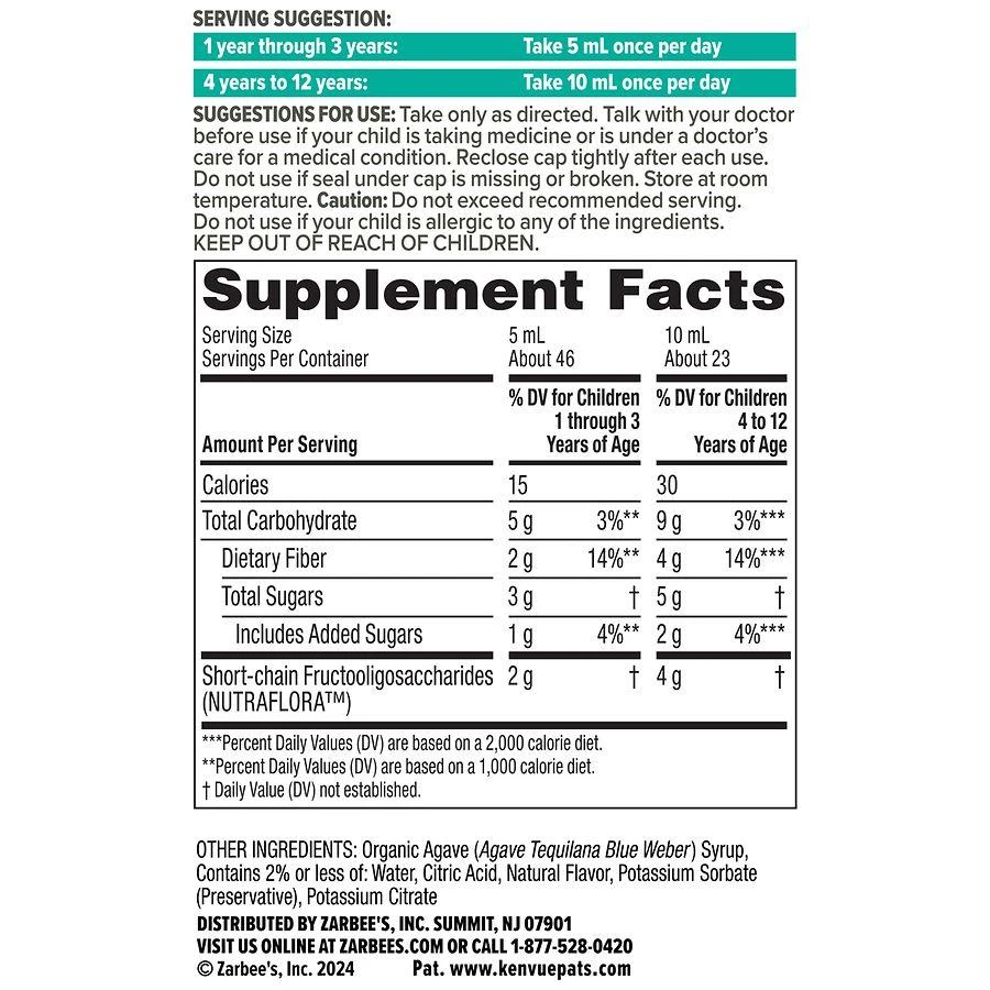 ZarBee's Naturals Children's Digestive Care Support Prebiotic Fiber Syrup Grape 5