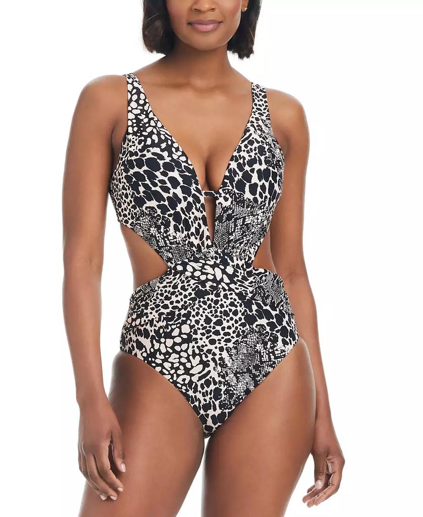 Bar III Women's Printed Plunge-Neck Cut-Out Monokini, Created for Macy's