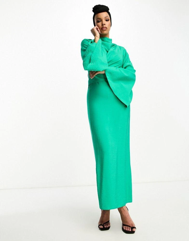 ASOS ASOS DESIGN high neck maxi dress with wrap waist and fluted sleeve in emerald green 3