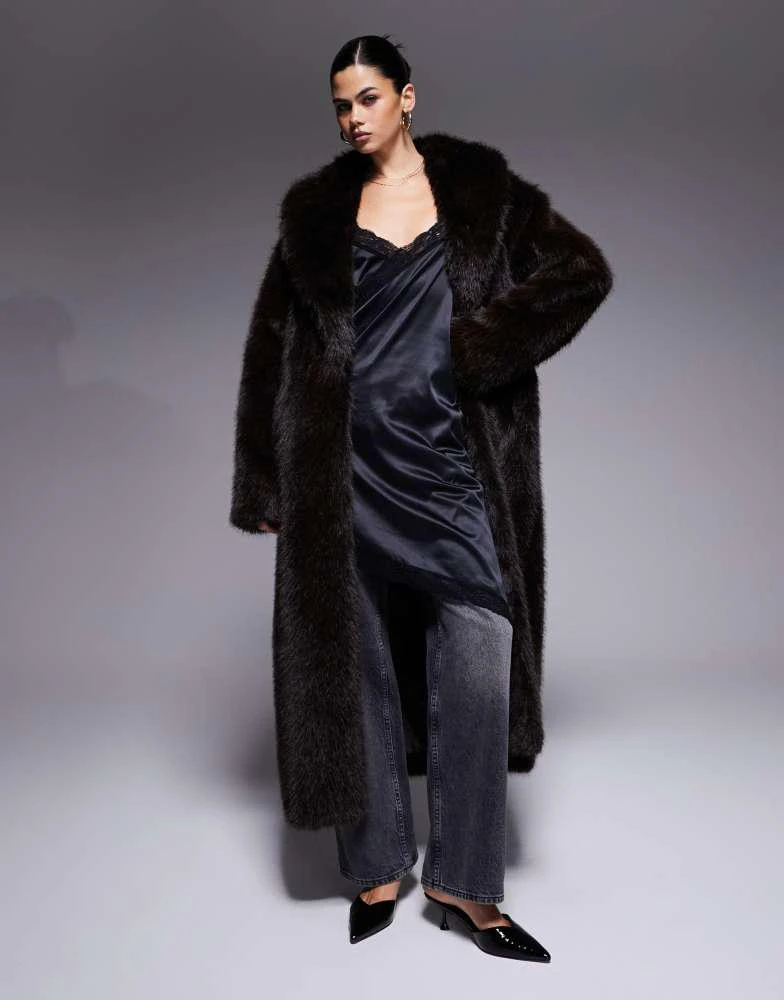 Aria Cove Aria Cove oversized collared maxi faux fur jacket in chocolate from ASOS