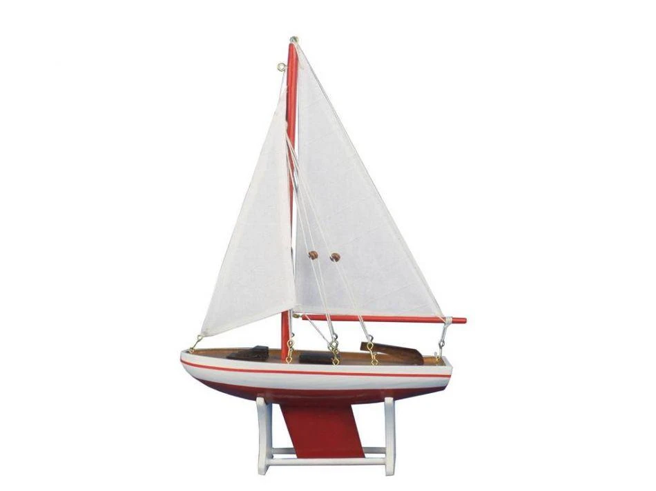 Handcrafted Cast Iron Wooden Decorative Sailboat 12" - Red Sailboat Model 1