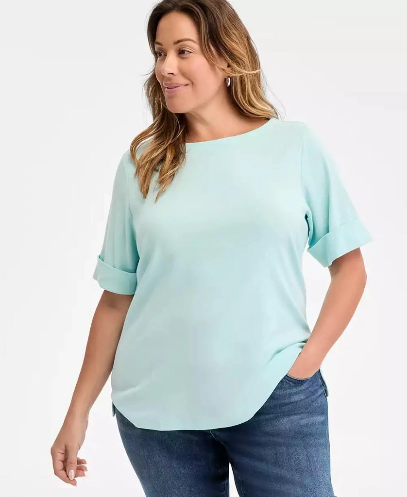 Style & Co Plus Size Boat-Neck Elbow Sleeve Cotton Top, Exclusively at Macy's 1
