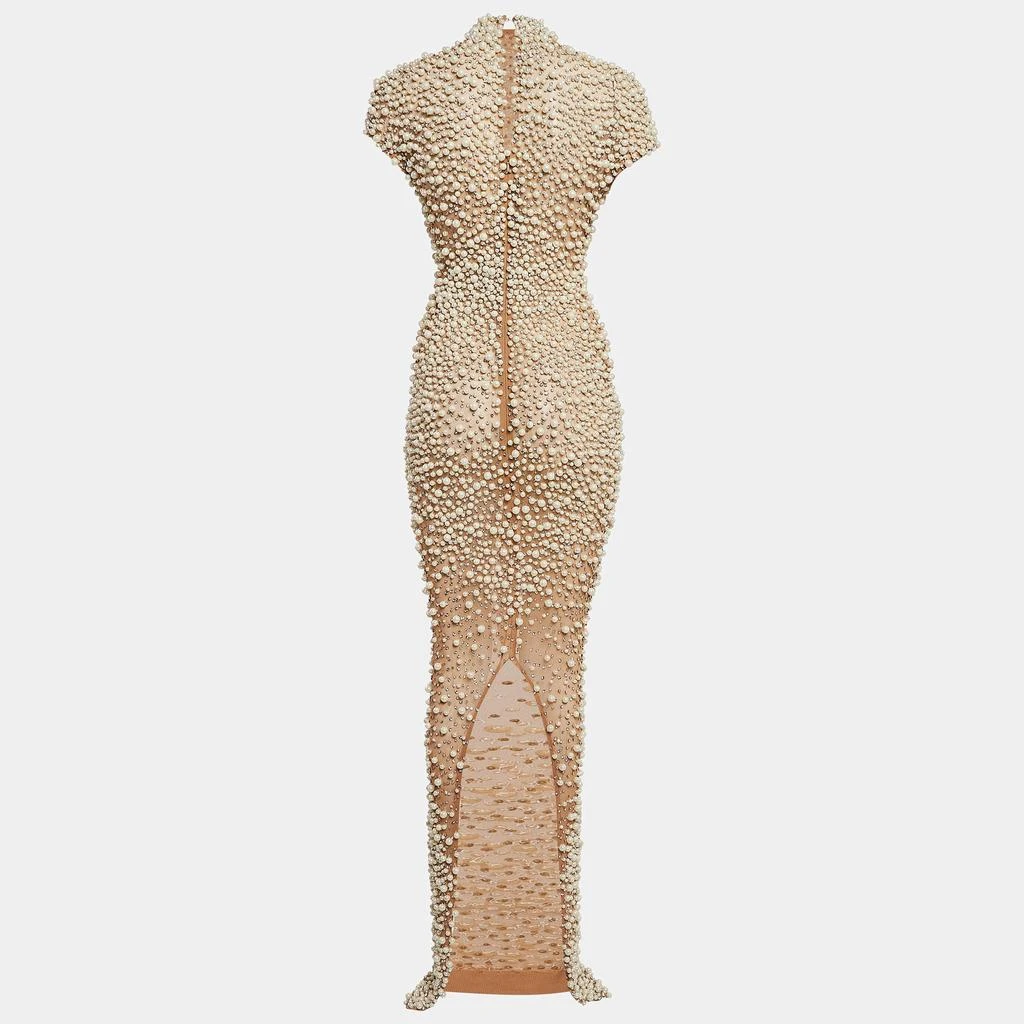 Yousef Al Jasmi Yousef Al Jasmi Cream Pearl Embellished Tulle Sheer Evening Dress S 2