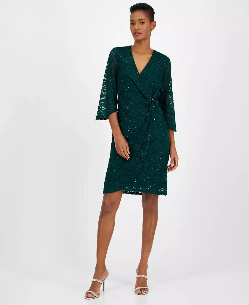 Connected Women's Sequin-Lace 3/4-Sleeve Faux-Wrap Dress 1