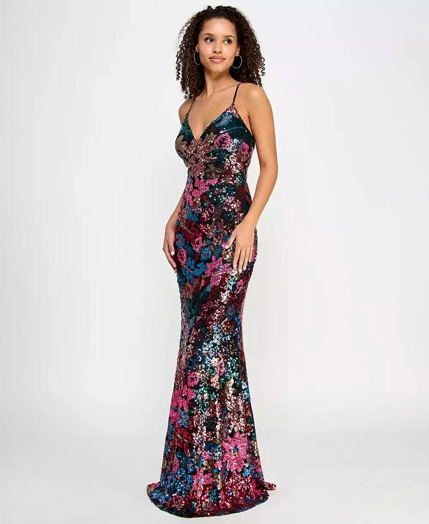 Crystal Doll Juniors' V-Neck Floral-Sequin Lace-Up-Back Gown 3