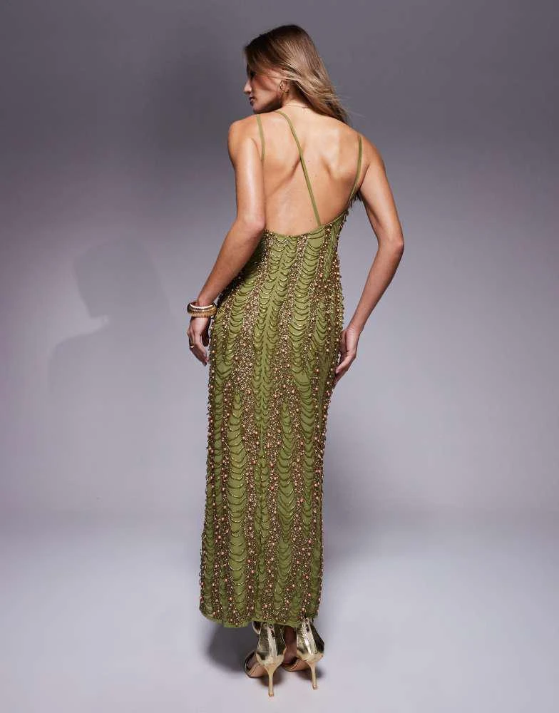 blue dress for baby girl Rent Asos Edition All Over Sequin Backless Drape Midi Dress In Sage Green main image 0