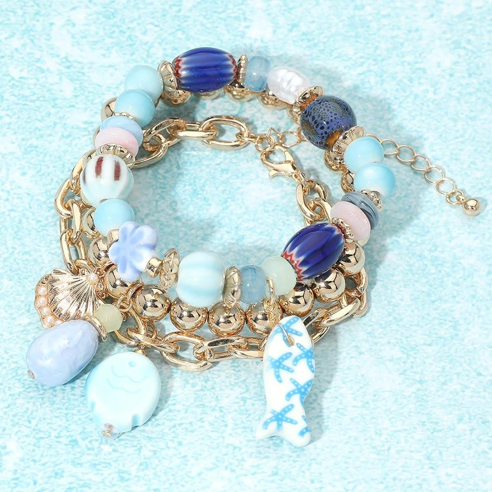 FASHNZFAB 3PCS - Ceramic Fish Ocean Pearl Charm Beaded Multi Layered Bracelets
