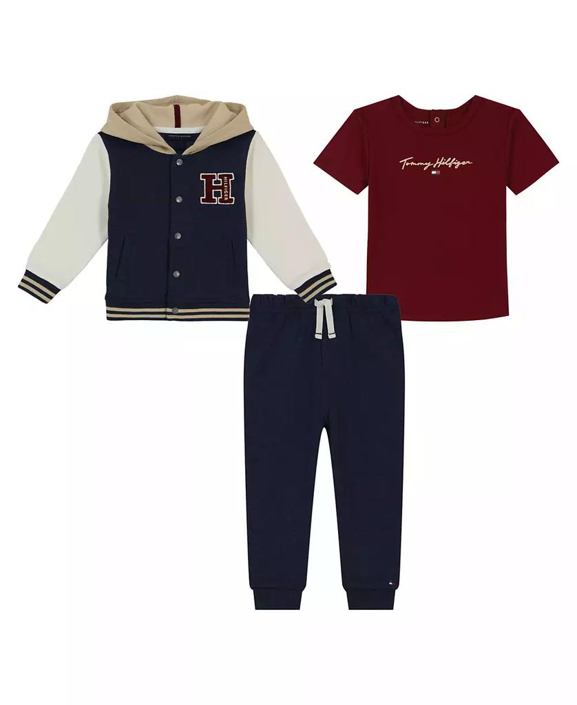 Tommy Hilfiger Baby Boy Fleece Hooded Baseball Jacket, Short Sleeve Tee and Joggers 3-Piece Set