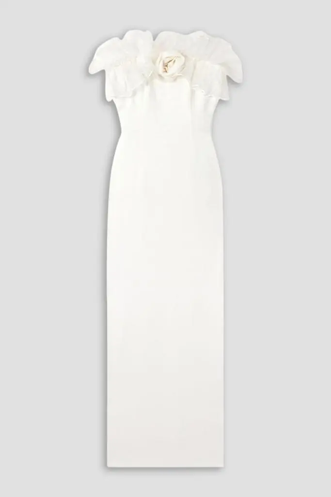 Alessandra Rich Strapless appliquéd ruffled silk organza-trimmed cady gown
