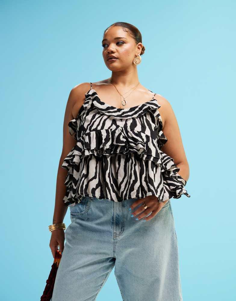 ASOS ASOS DESIGN Curve ruffle cami top with tie straps in zebra print