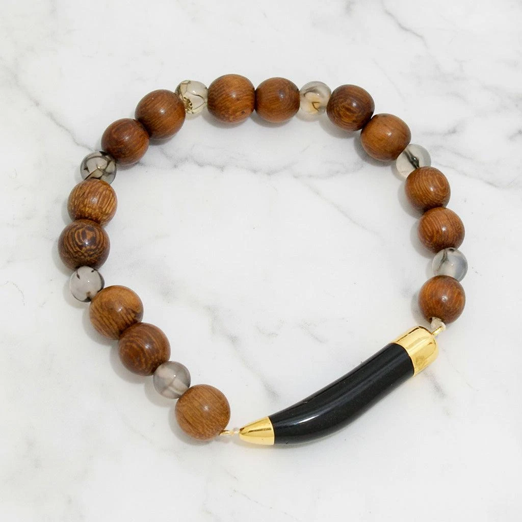 FASHNZFAB Natural stone horn tusk 
wood pearl strand stretch bracelet
