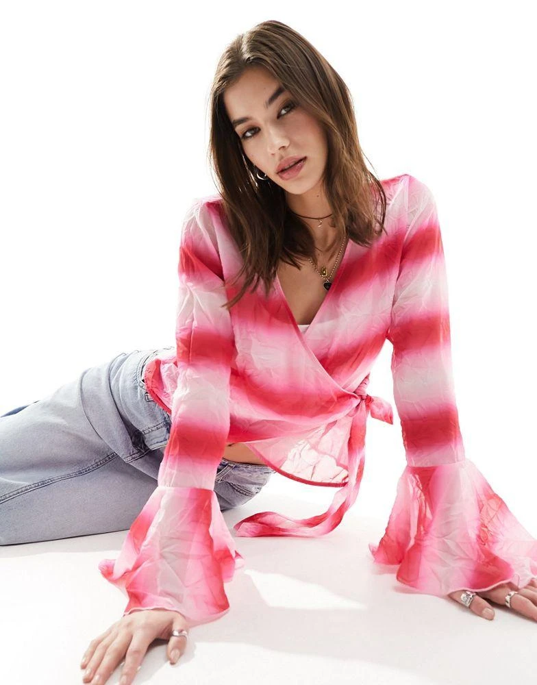 Monki Monki crinkle tie waist wrap blouse with fluted cuffs in in pink ombre print 1