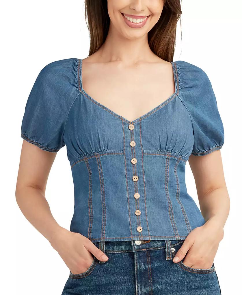 BCX Juniors' Denim Puff-Sleeve Sweetheart-Neck Top