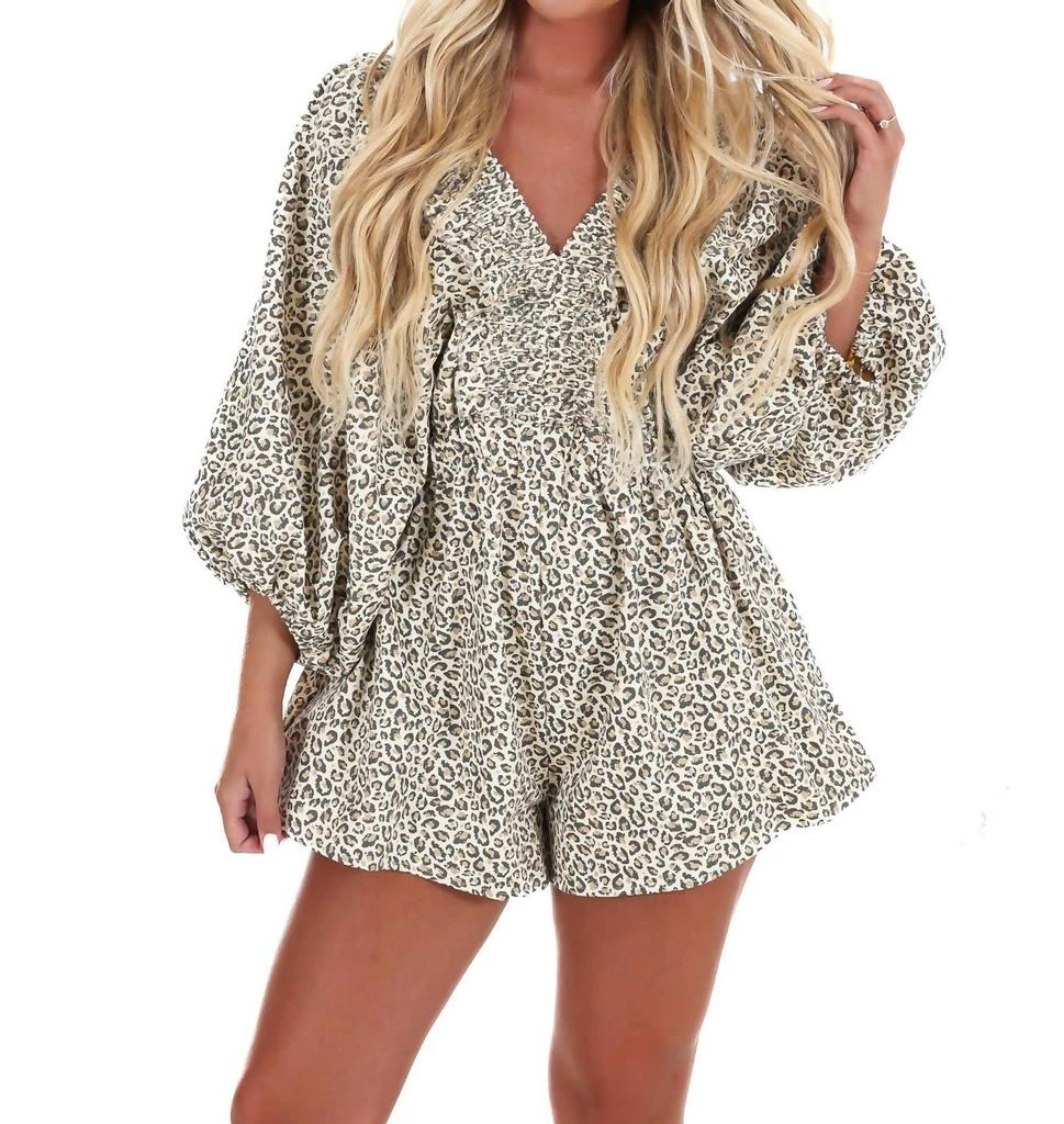 BUCKETLIST Can
t Be Tamed V-Neck Romper In Cream Leopard