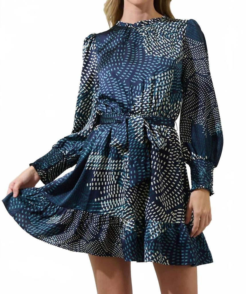 Sugarlips Kirby Geometric Sevilla Satin Ruffle Dress In Navy Cream