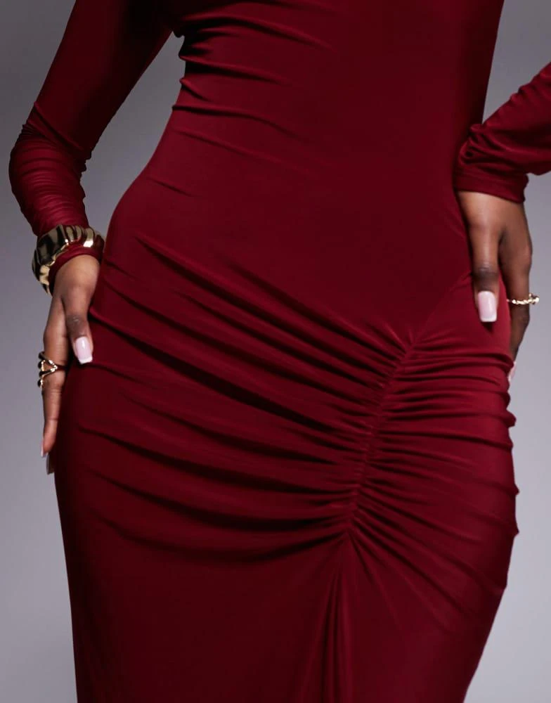 ASOS ASOS DESIGN high neck slinky maxi dress with ruched skirt detail in burgundy 3