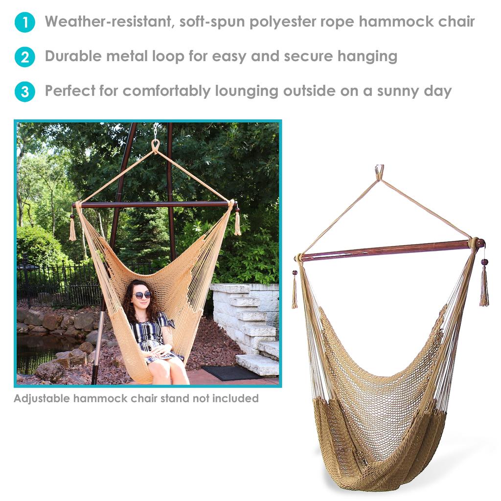 Sunnydaze Caribbean Style Extra Large Hanging Rope Hammock Chair Swing for Backyard and Patio