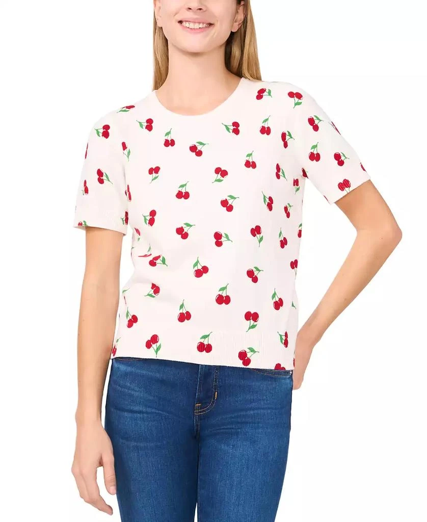 CeCe Women's Cherry-Print Short-Sleeve Cotton Crewneck Sweater 1