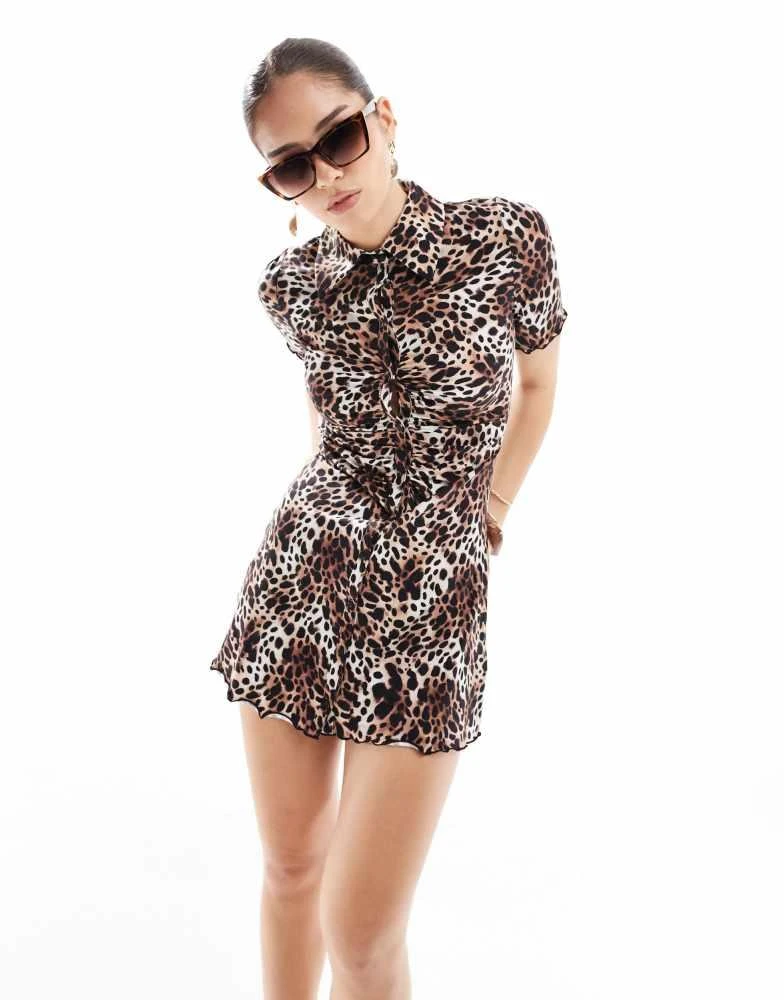 Monki Monki ruche front shirt dress in leopard print 1