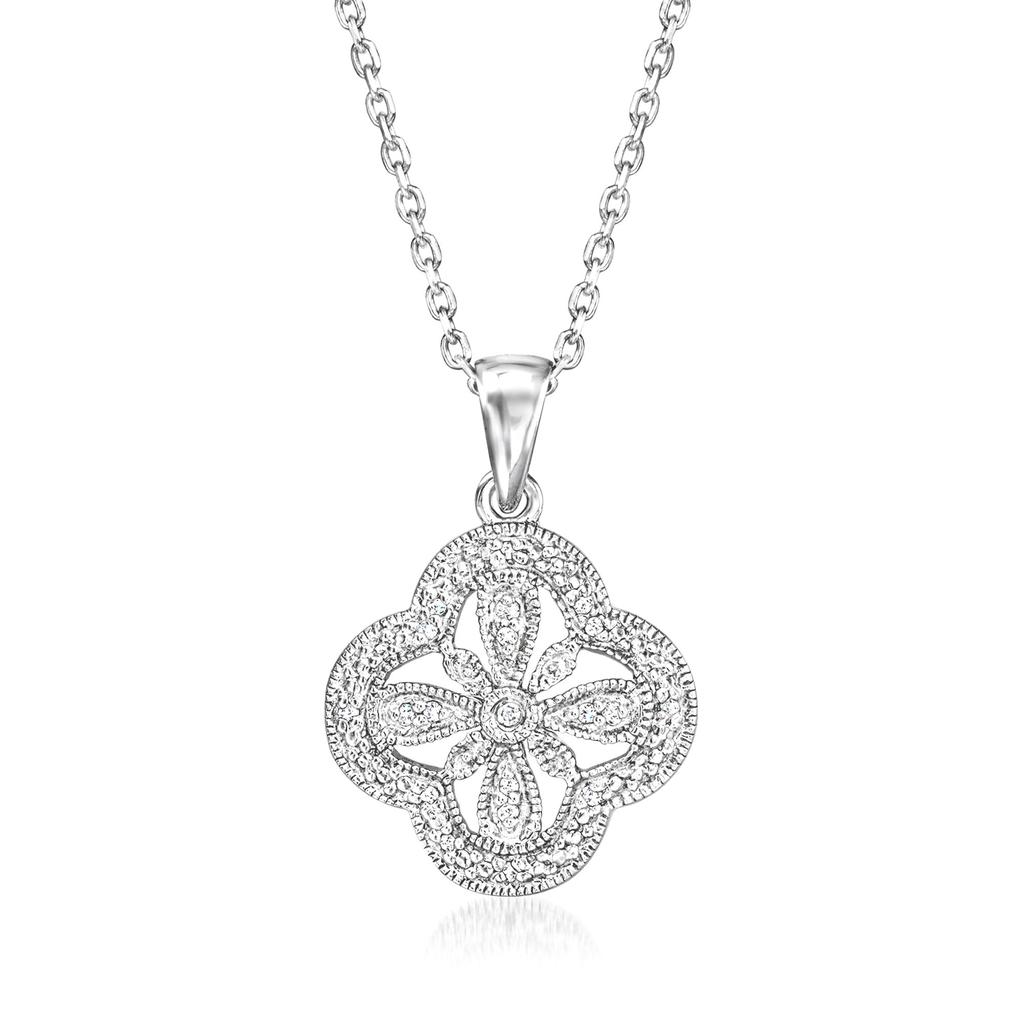 Ross-Simons Diamond Flower Pendant Necklace in Sterling Silver