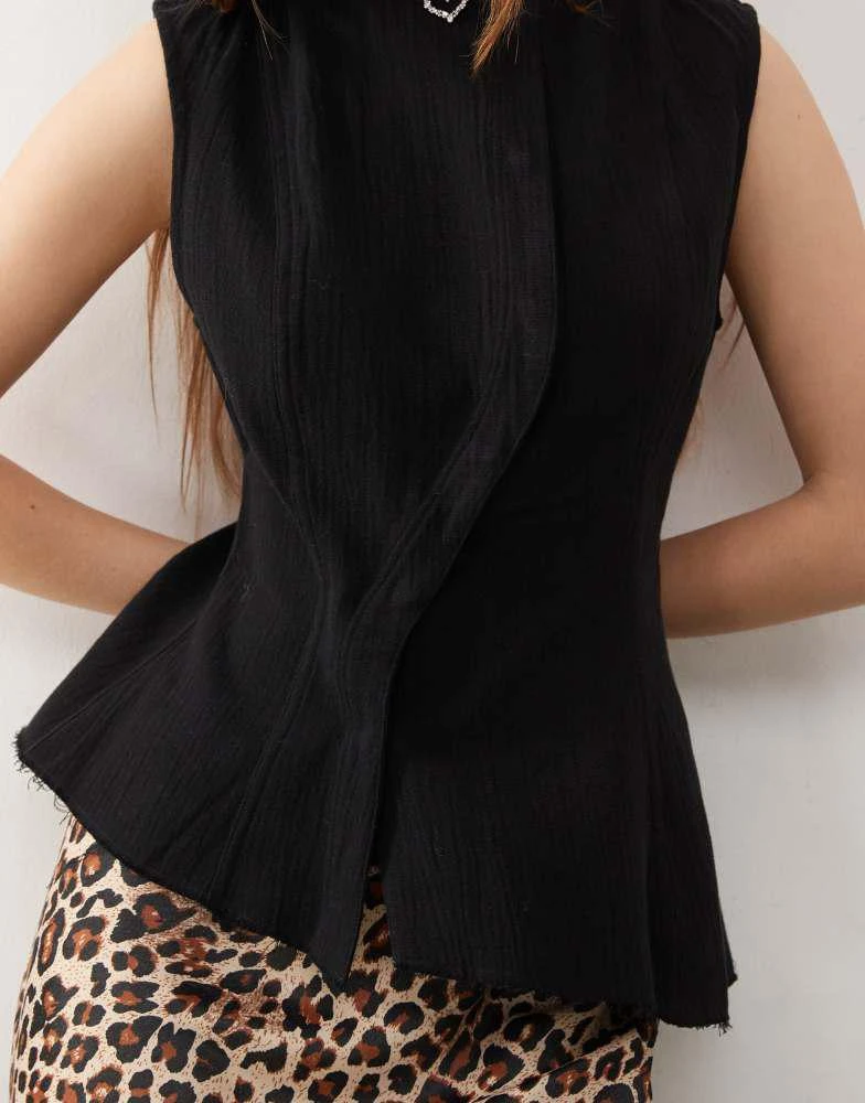 Weekday Weekday Ibis asymmetric peplum top with concealed buttons in black 3