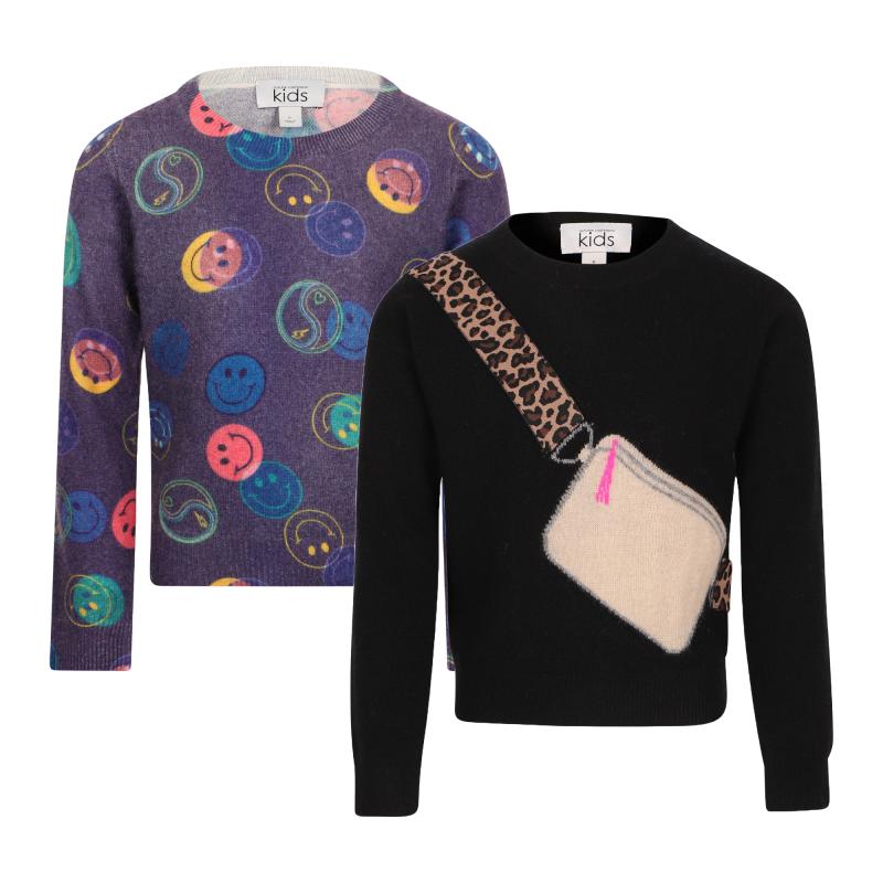 Autumn Cashmere Colorful smiles wool sweater and knitted sweater with leopard print set in purple and black