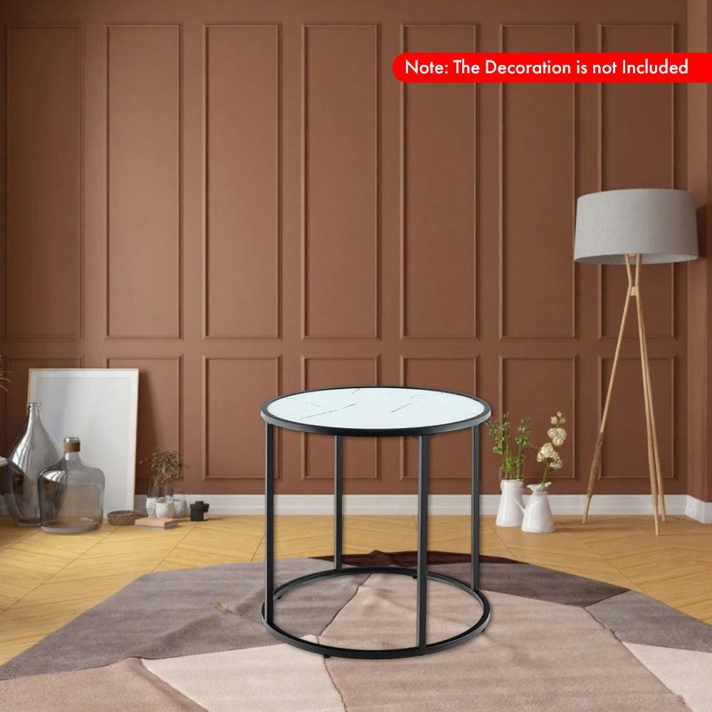 Hivvago 20-Inch Glass Side Table with Metal Base and Imitation Marble Top 2