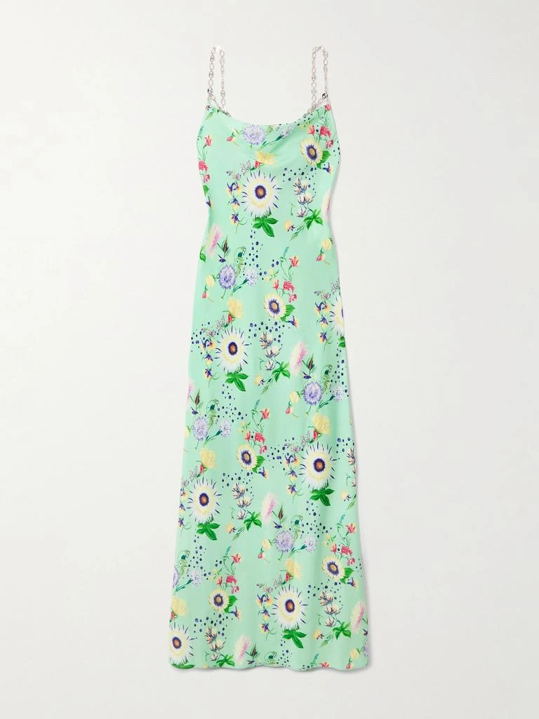 RABANNE Chain-embellished Floral-print Satin Midi Dress - Light green