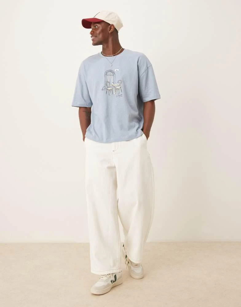 ASOS ASOS DESIGN boxy oversized linen blend t-shirt with cafe graphic in light blue 3