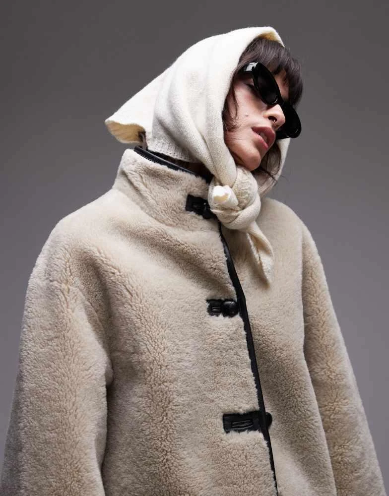 Mango Mango funnel neck shearling jacket in beige 4