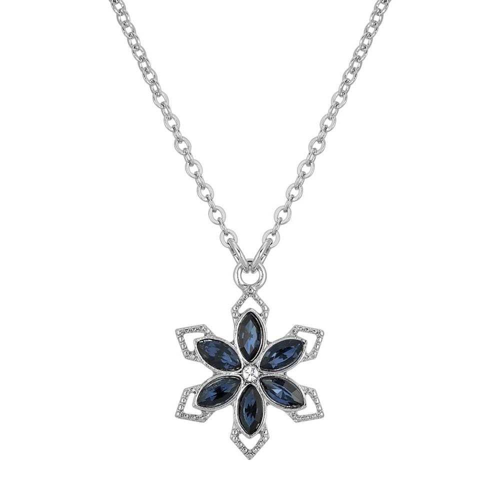 2028 Silver-Tone Crystal Sapphire Blue Color Stone Flower 16" Adjustable Necklace