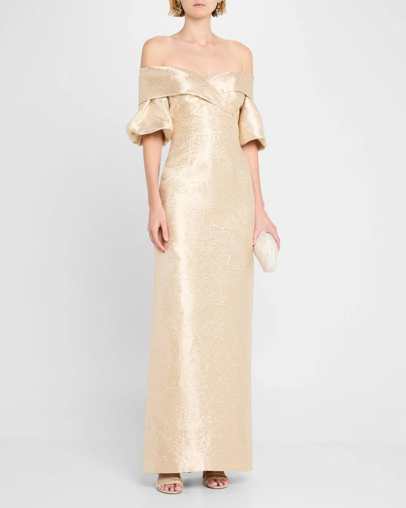 Women's Metallic Jacquard Off-The-Shoulder Gown - Ice Blue - Size 18