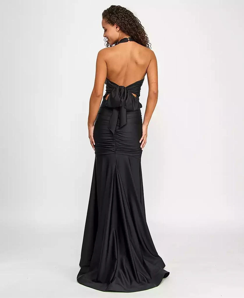 Emerald Sundae Juniors' Ruched Sleeveless Halter Gown 2