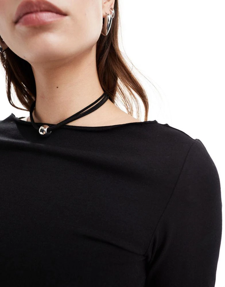 Weekday Weekday Serena boat neck long sleeve mini dress with trumpet sleeves in black 3