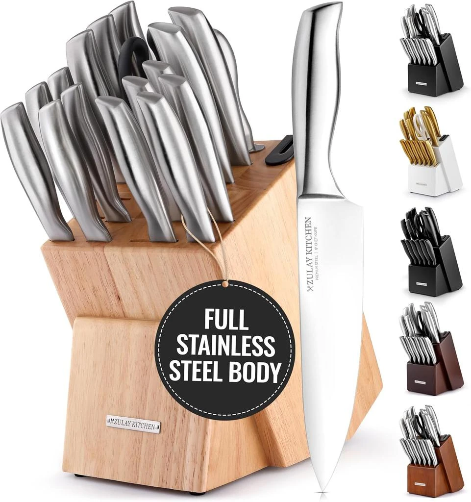 Zulay Kitchen 15 Piece Stainless Steel Knife Set with Block and Sharpener