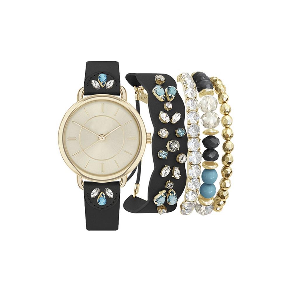 Jessica Carlyle Women's Analog Black Jeweled Strap Watch 34mm with Matching Bracelets Set
