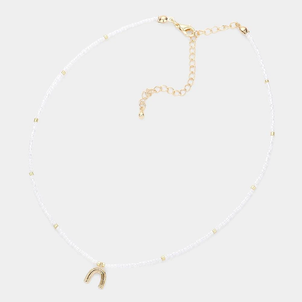 FASHNZFAB Metal Arch Pendant Tiny Beaded Choker Necklace 2