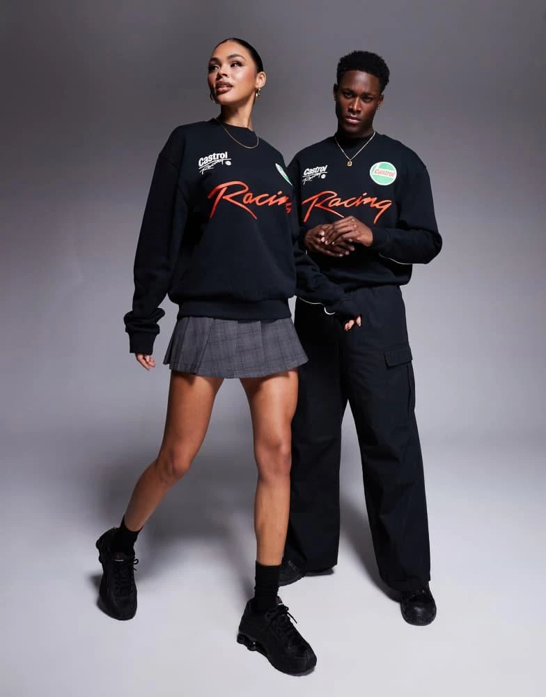ASOS ASOS DESIGN unisex boxy oversized sweatshirt with piping detail and Castrol Racing prints in black 3