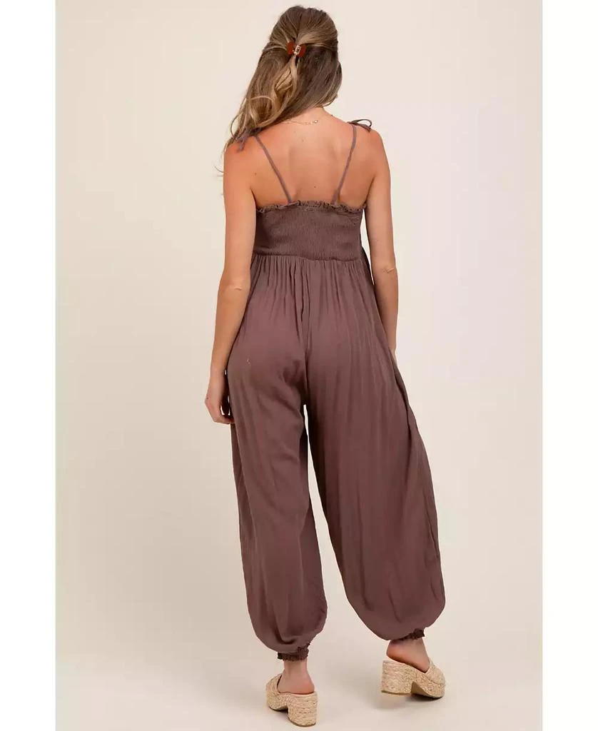 Pinkblush Maternity Mocha Smocked Button Front Shoulder Tie Jumpsuit 3