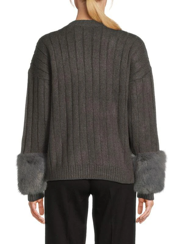 Saks Fifth Avenue Faux Fur Cuff Rib Knit Cardigan 2