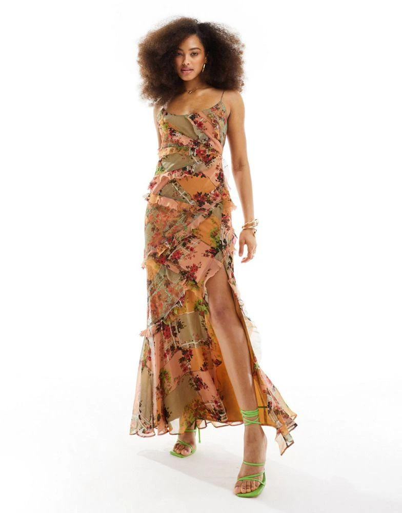 ASOS ASOS DESIGN cami bias maxi dress with ruffles with patched lace in mixed floral print 1