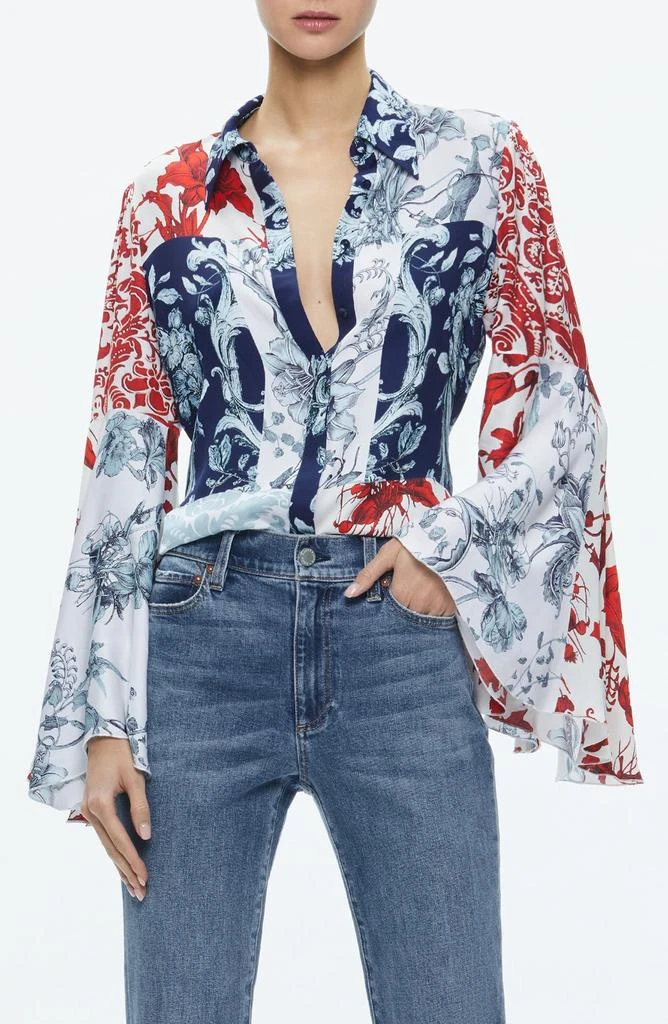 Alice + Olivia Willa Mixed Floral Bell Sleeve Satin Top 1