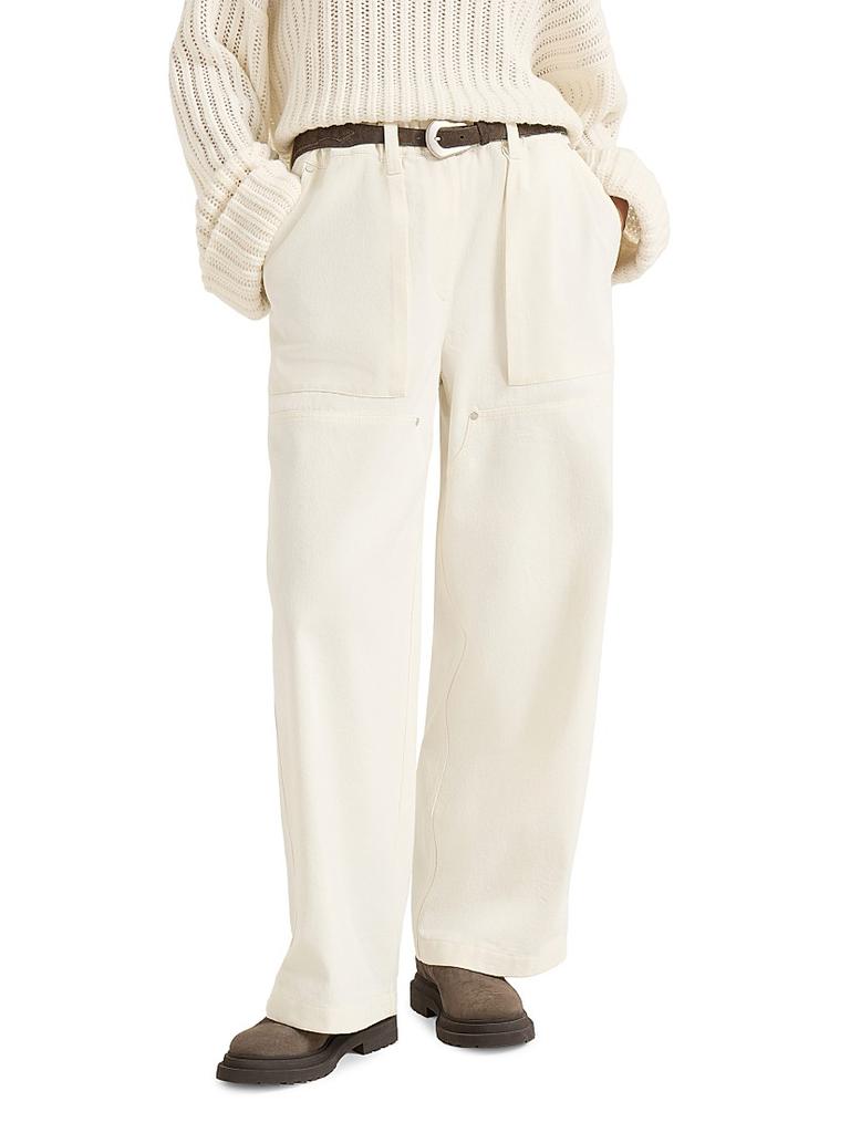 Brunello Cucinelli Dyed Cotton and Wool Wrinkled Denim Utility Track Trousers with Monili