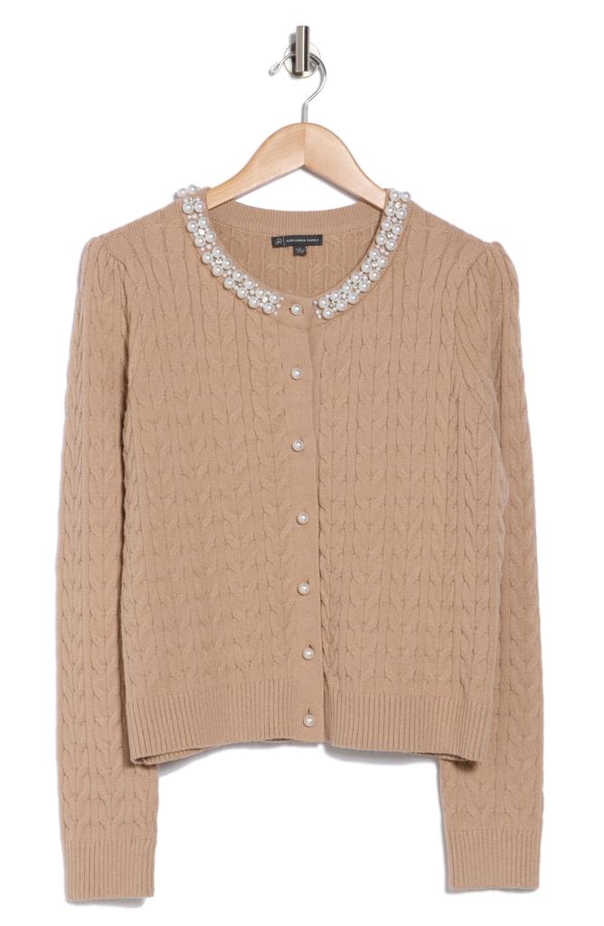 Adrianna Papell Faux Pearl Adorned Cable Knit Sweater