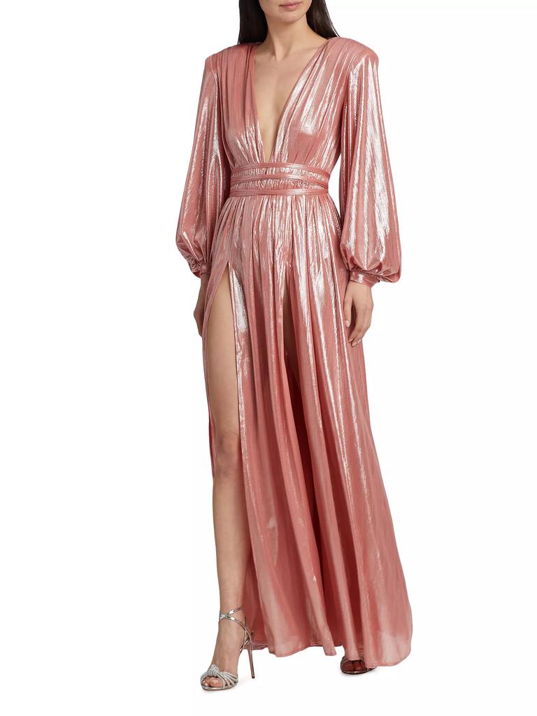 BRONX AND BANCO Zoe Billowy-Sleeve V-Neck Metallic Gown