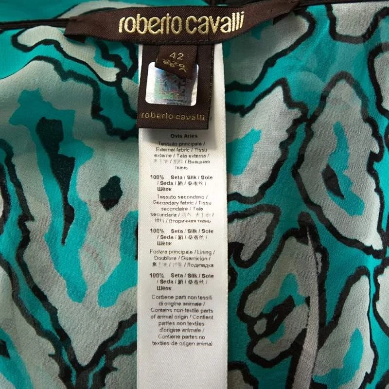 Roberto Cavalli Roberto Cavalli Turquoise Blue Printed Silk Leather Trim Kaftan Top M 5